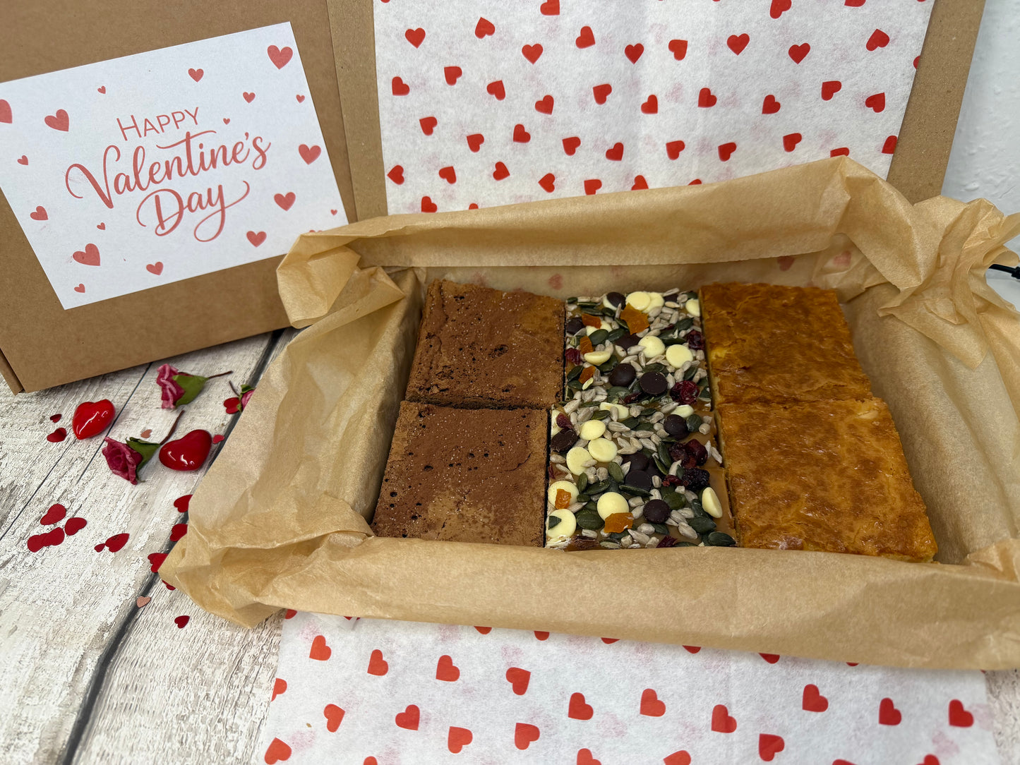 HAPPY VALENTINES MIX BOX - A  box packed with Brownies, Blondies and Happy Slices (Copy)